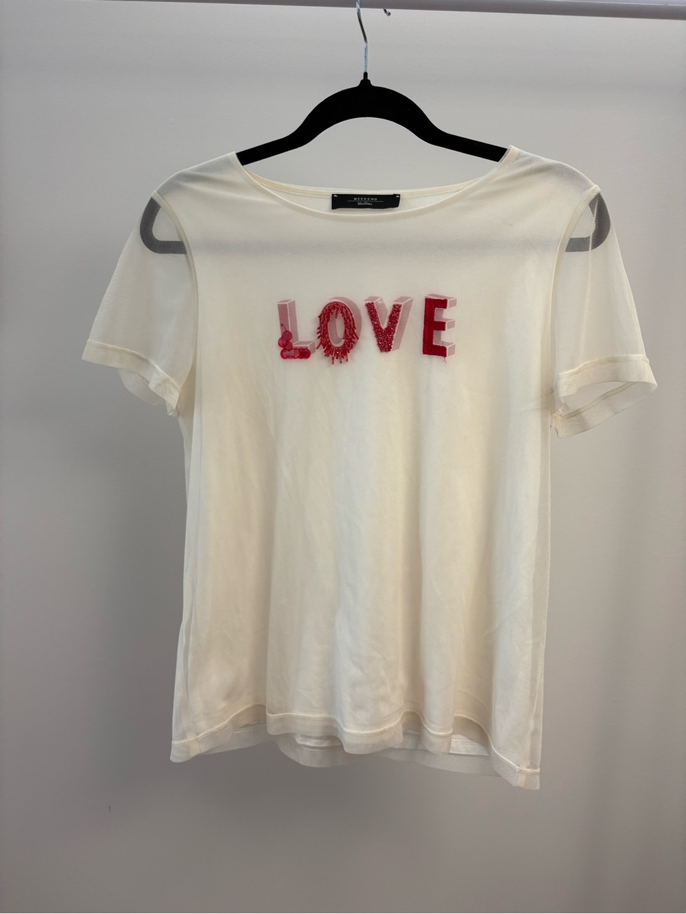 Weekend Max Mara sheer white mesh t-shirt with red beaded “LOVE”